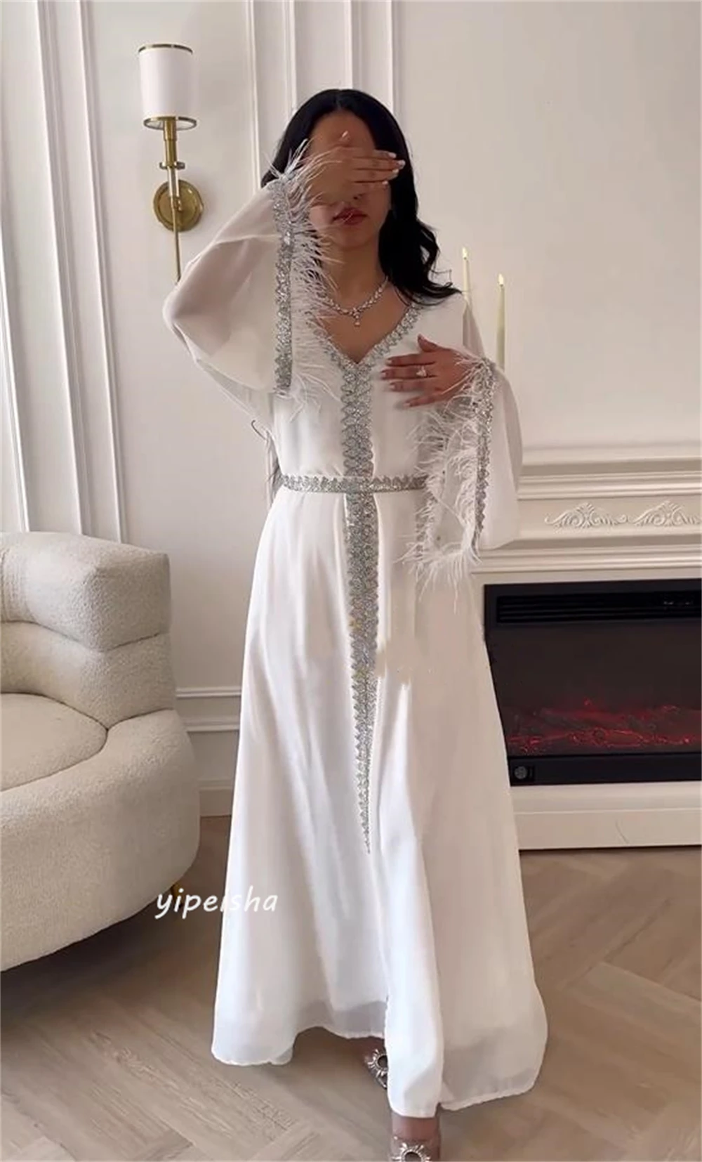 Prom Dress Saudi Arabia Formal Modern Style Evening V-Neck A-line Beading Feathers Ankle-Length Chiffon Dresses