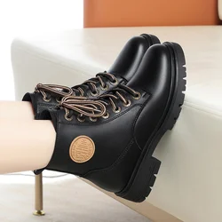 Autumn Winter Non-slip Women Ankle Boots Fashion Lace-up Flat Casual Sewing Black Solid Color Velvet Thick Sole Boots