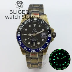 BLIGER NH34A GMT Function Classic 40mm Men's Automatic Cusn8 Solid Bronze Watch Black Dial Sapphire Glass Bronze Bracelet