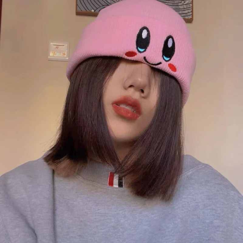 Kawaii Anime Kirby Hat Cute Face Eyes Cosplay Keep Warm Knitted Hat Unisex Adult Kids Cap Hip Hop Autumn Winter Gift