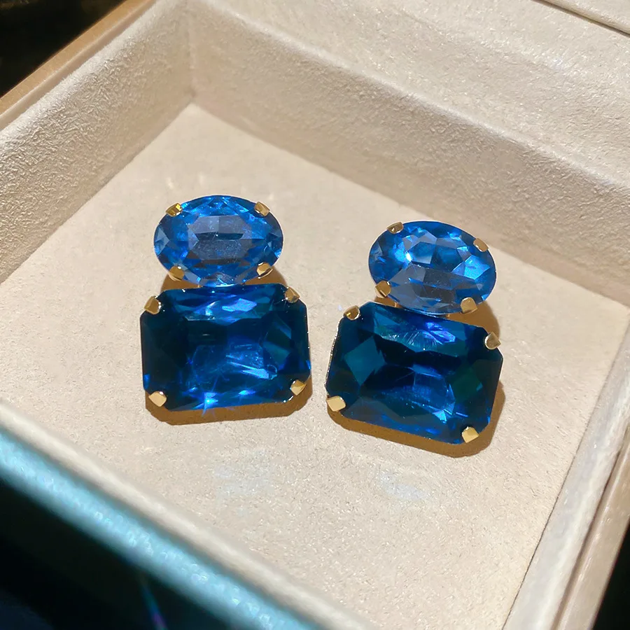 Neue Vintage Blaue Kaffee Quadratische Ovale Strass-Ohrstecker für Damen, Glänzende Kubische Geometrische Ohrstecker für Alltag und Festlichkeiten, Bijoux – Detail 5