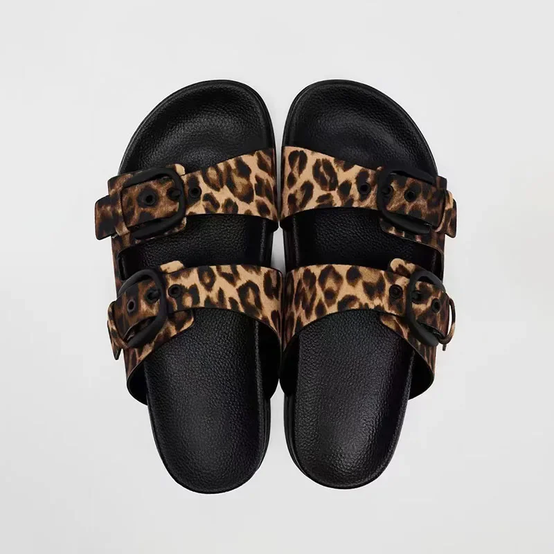 Zapatillas de plataforma para mujer, zapatos Retro con estampado de leopardo, doble hebilla, suela gruesa, toboganes de playa, talla grande, moda