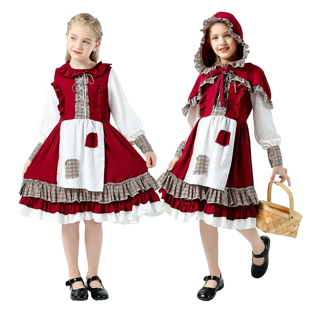 

Sweet Girl Lolita Women Dress Vintage Patchwork Red Dress with Cloak Cute Kids Female Bing Cosplay Little Red Riding Hood