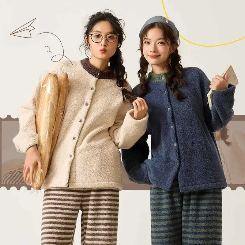 

Женские пижамы, зимний костюм, удобная одежда для сна, сохраняющая тепло, утепленная однотонная пижама на флисовой подкладке, пижамный комплект в полоску, домашняя одежда