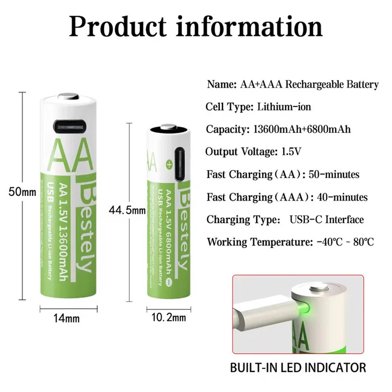 Rechargeable 1.5 Volt Li-ion  Batteries AA LR6 13600mAh & AAA LR03 6800mAh USB Type C Charging Low Self-Discharge