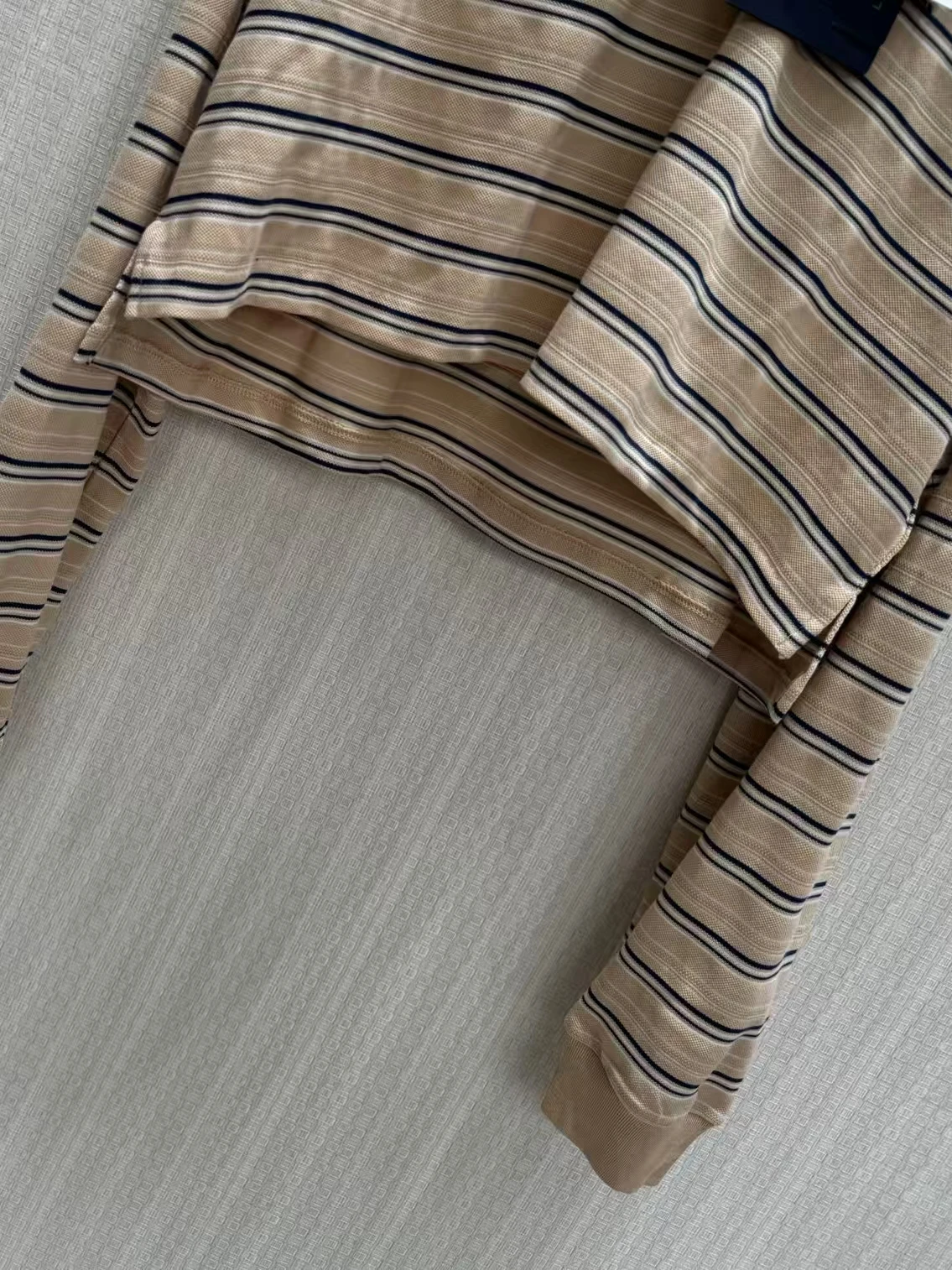 New autumn retro striped short polo long sleeved top with loose collar and half open button high waist casual T-shirt for women