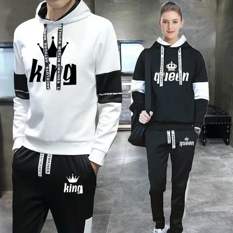 Couples Hooded Tracksuit King Queen Print Lovers Hoodies Sets Sweatshirt +Jogging Sweapants Suits Men Women Unisex Clothing