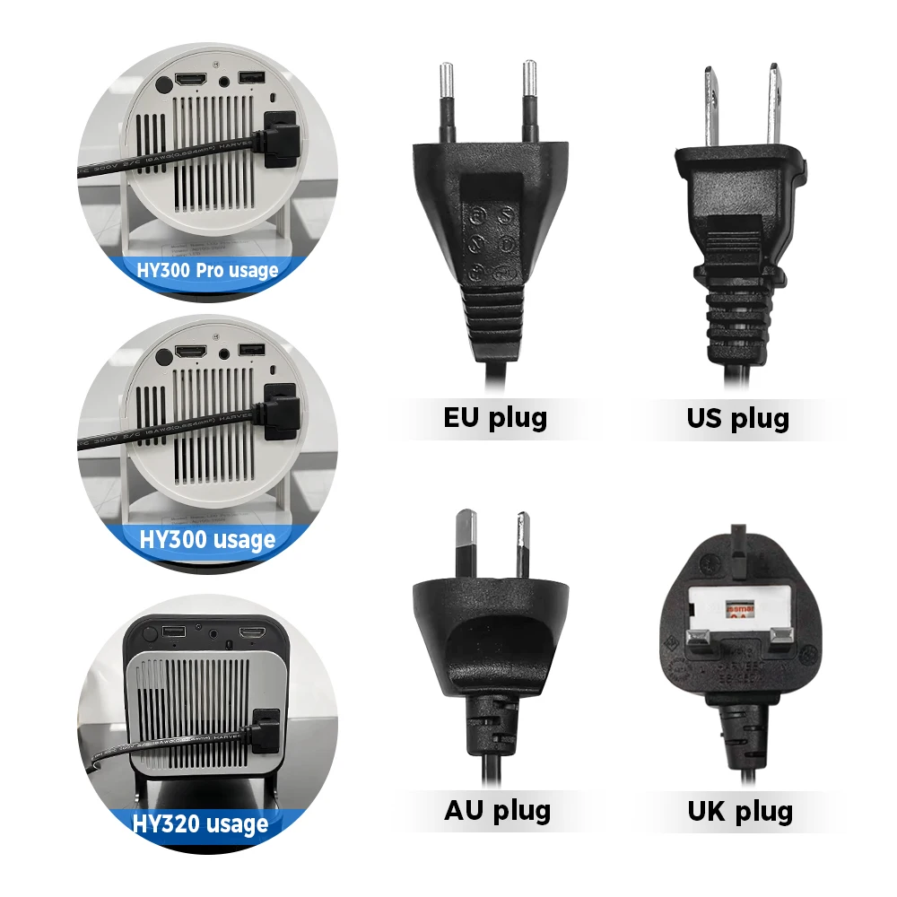 HY300/HY300 PRO/HY320 ملحقات جهاز العرض سلك الطاقة الأصلي 1.2 متر/3 متر كابل التيار المتناوب كابل شحن الاتحاد الأوروبي الولايات المتحدة الاتحاد الأفريقي المملكة المتحدة التوصيل HY300 زائد