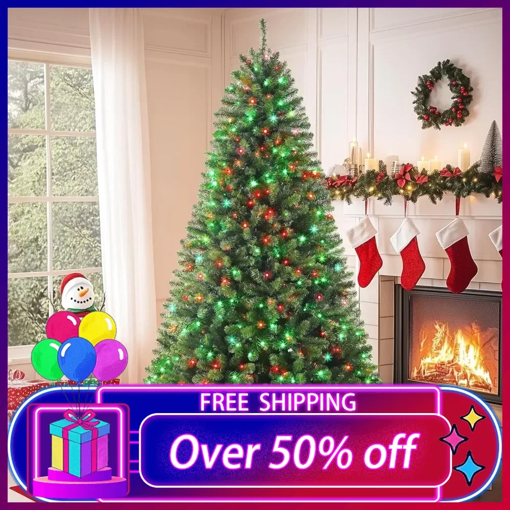 

7.5ft Prelit Premium Artificial Hinged Full Christmas Tree with 470 Multi-Color Changing RGB Lights, 1264 PVC Branch Tips,Green