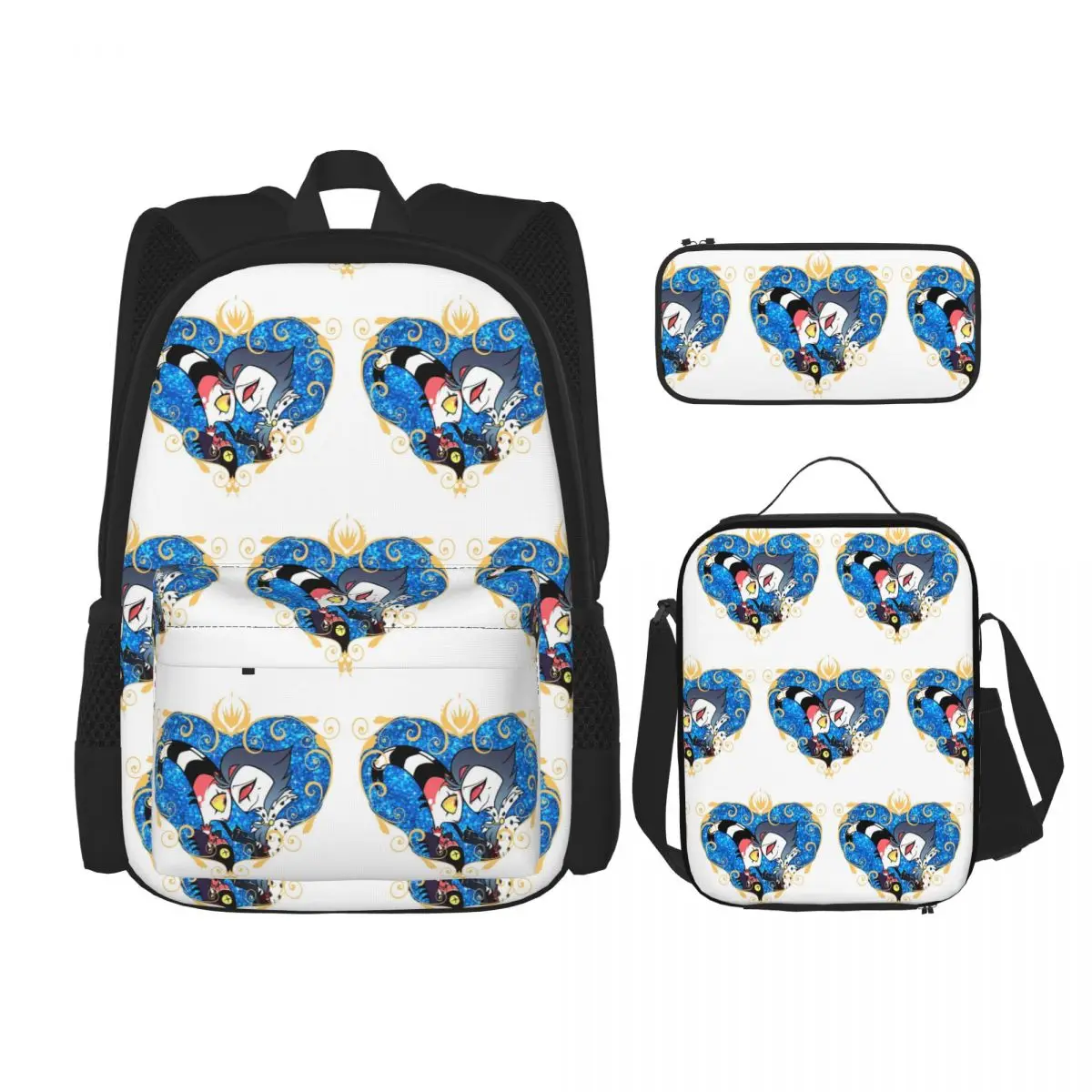 Helluva Boss Stolas And Blitzo Heart Frame Backpacks Boys Girls Bookbag School Bags Rucksack Lunch Bag Pen Bag Three-Piece Set