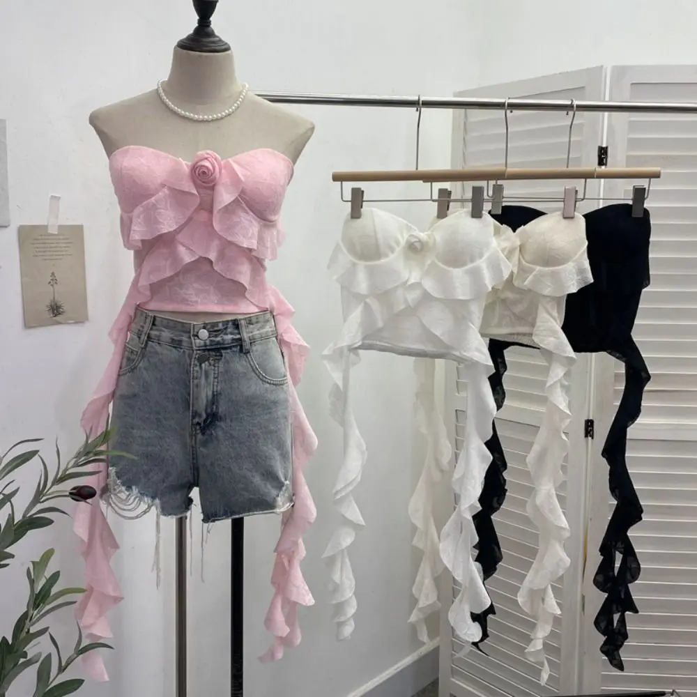 Chic Ribbon Design Camisole Asymmetric Fringe Flower Pattern Sleeveless Top Beautiful Design Tube Top Women