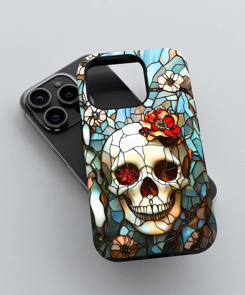 Gothic Faux Stained Glass Skull Phone Case For IPHONE 16 15PRO MAX 14 13 12 11 Acrylic TPU Two in one magnetic Phone Cases