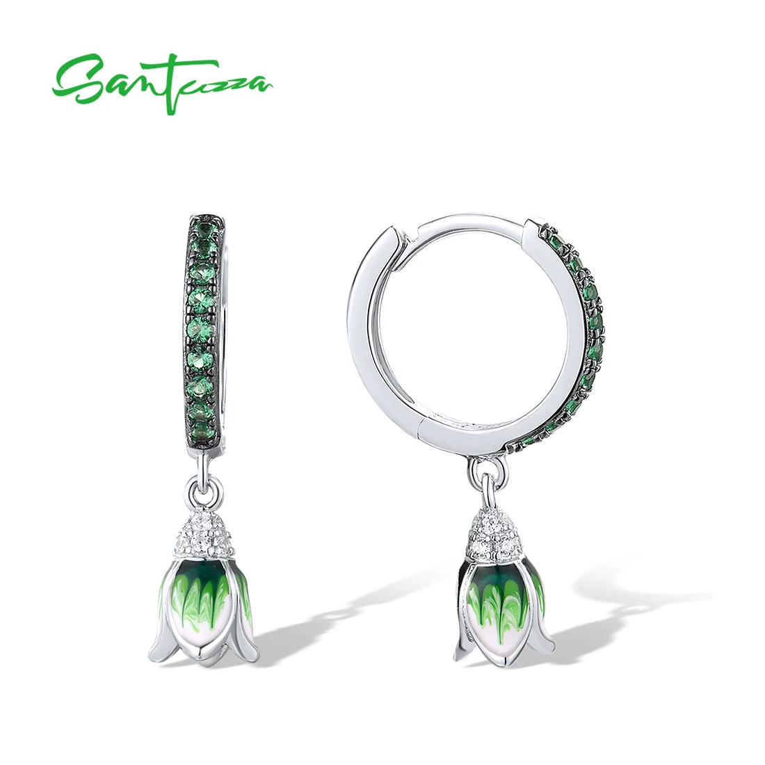 SANTUZZA Real 925 Sterling Silver Drop Earrings For Women Exquisite Green Spinel Tulip Flower Enamel Delicate Gifts Fine Jewelry