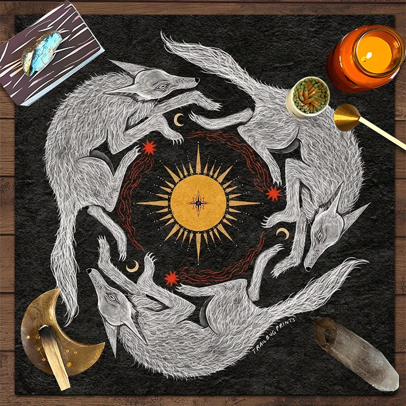 50/75cm Sun Moon Three Wolves Tarot Altar Cloth Dark Style Ritual Tablecloth Witchcraft Meditation Mat Reading Cloth Energy