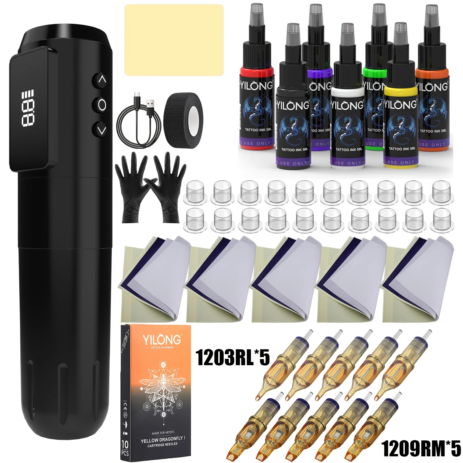 

Беспроводная тату-машинка YILONG или полный набор ручек для татуировки с мощностью 1600 мАч и светодиодным экраном, набор ручек для роторной тату-машины