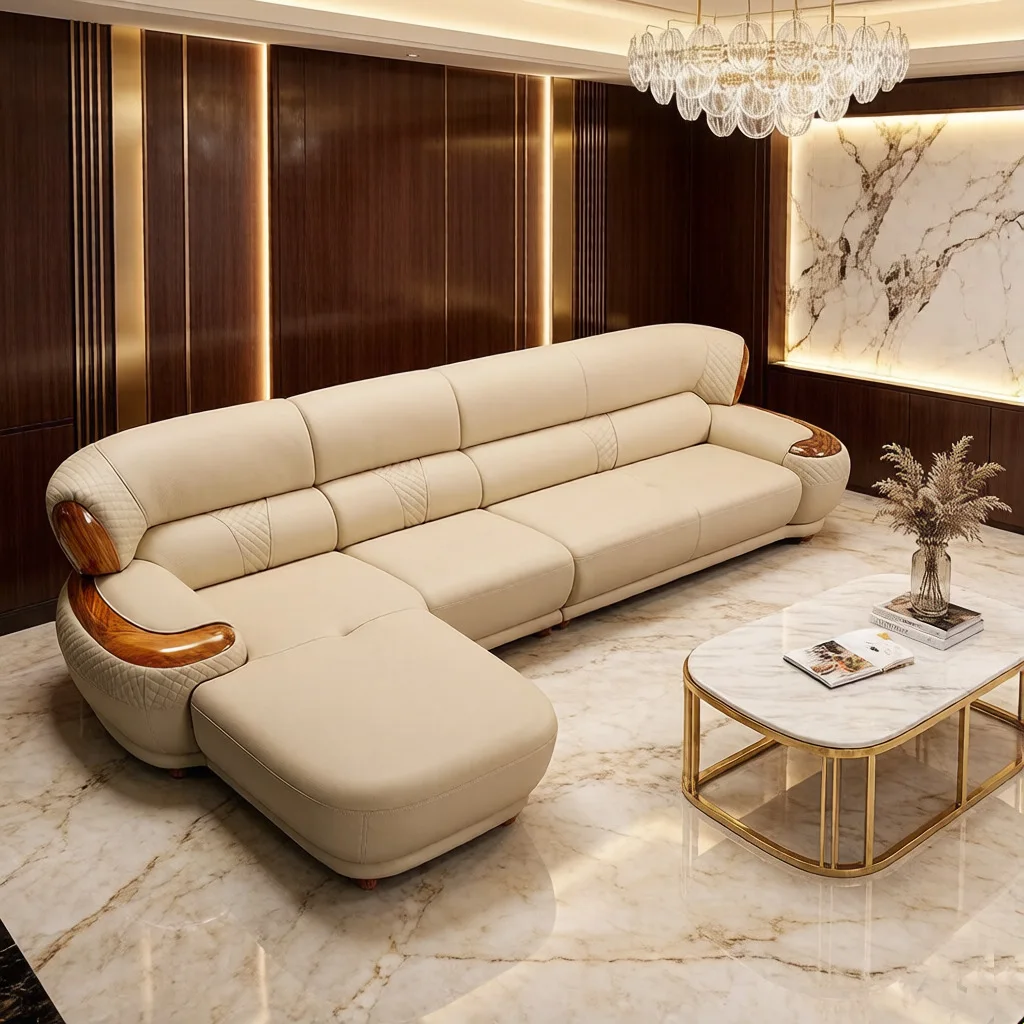 #Luxury Classic Top Grain Leather L Shaped Durable Reclining Sofa European Style Living Room Corner Sofa