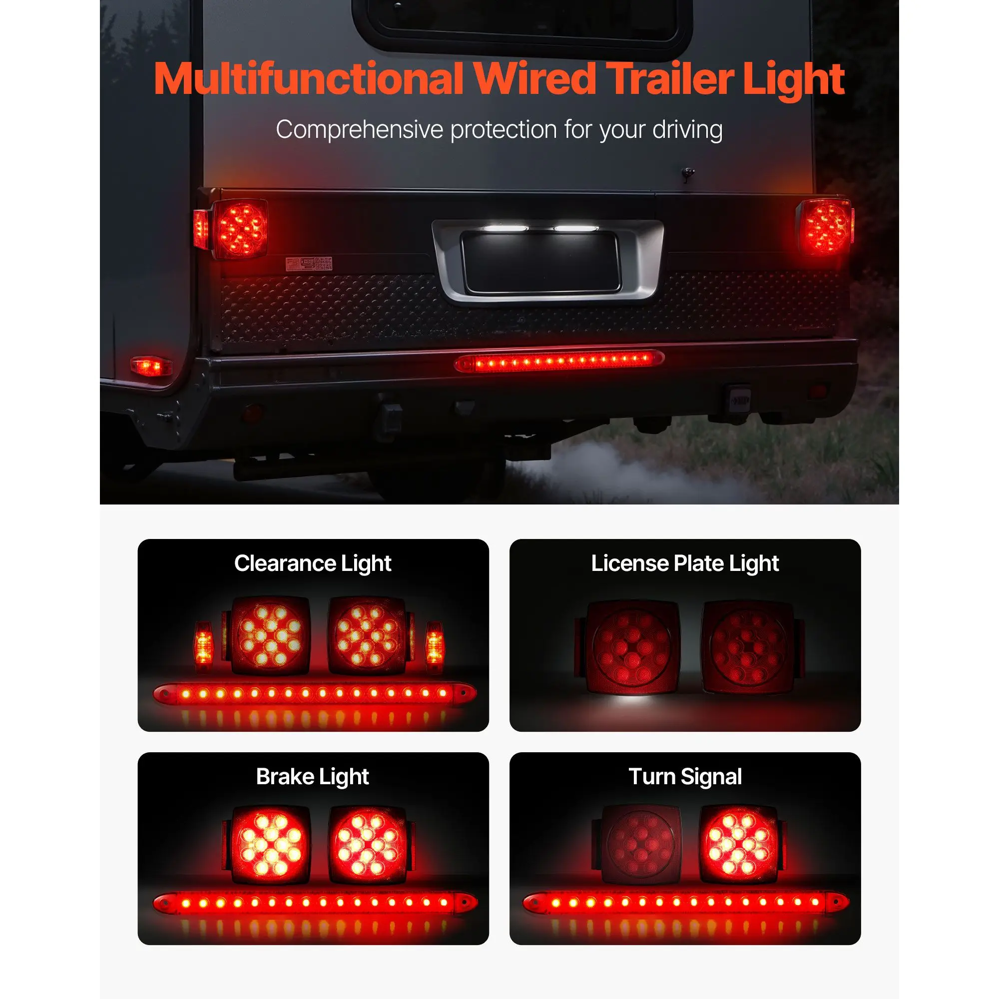 Trailer Lights, 12V LED Tail Kit with Stop Brake Turn License Plate Clearance Lamp, Waterproof Tow Wiring Harness for Boat Truck