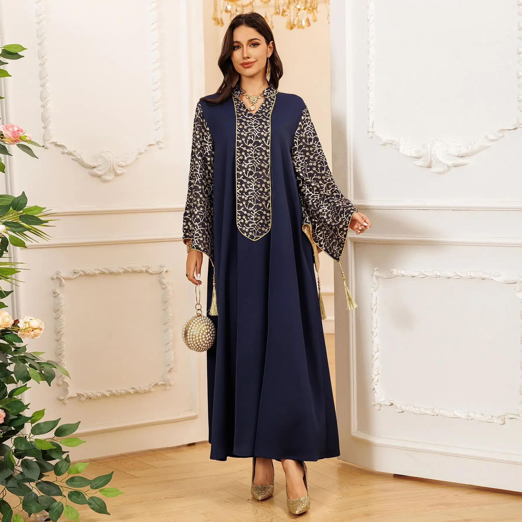 فستان ماكسي إسلامي للنساء من Marocain لعيد رمضان بأكمام شرابات ملابس إسلامية دبي عباية قفطان إسلام جلابية قفطان رداء عربي #6