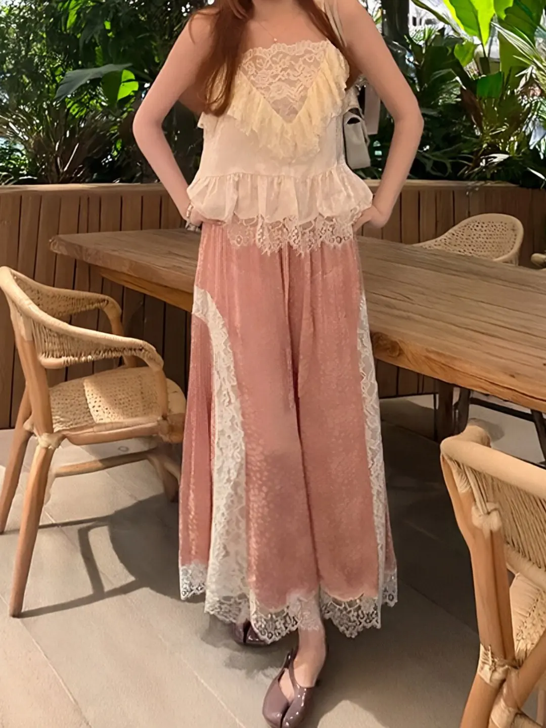 Romantic Summer Vacation Style Wide Leg Pants Lace Splicing Design Fairy Atmosphere Straight Tube Long Pants Women's Style