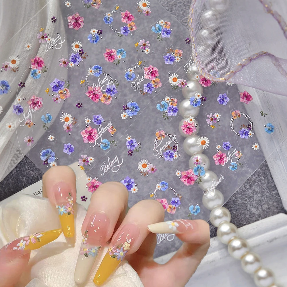 

Relief Blue Purple Flowers Nail Stickers 5D Embossed Sunflower Daisy Nail Decal Self-Adhesive Leaf Wildflower Manicure Decal