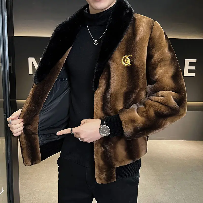 Winter New Men High Quality Faux Fur Coat Male Mink Fur Slim V-neck Fashion Outwear Casual Large Size Solid Color Warm Outcoat