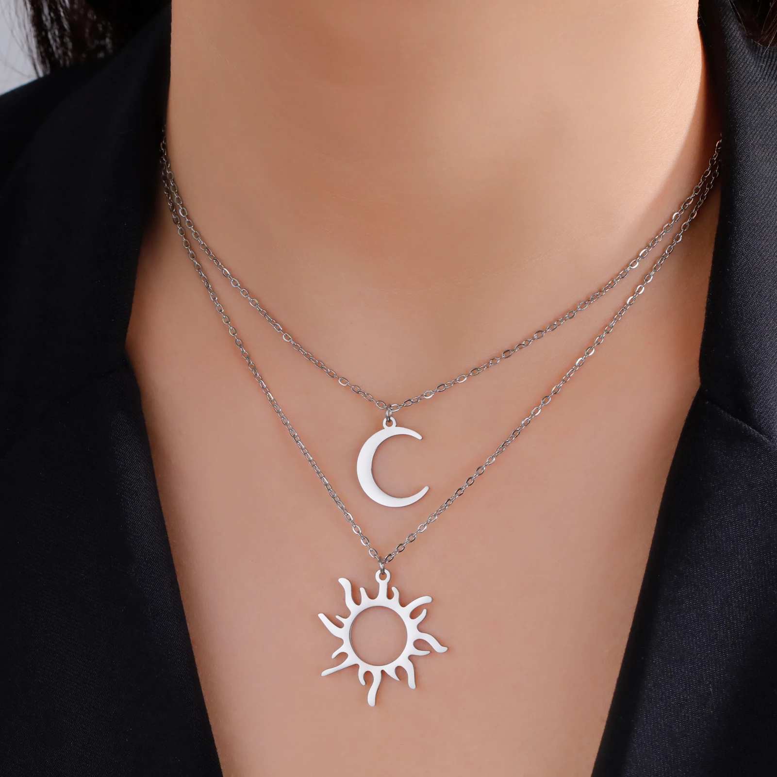 COOLTIME Sonne Mond Anhänger Halskette Edelstahl Böhmischer Halsband Mode Amulett Schmuck Geschenk für Frauen Neu im Großhandel – Detail 3