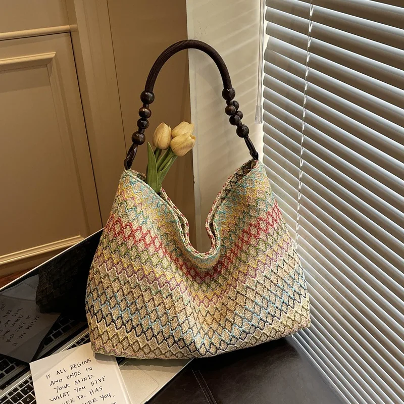 

Bohemian Style Straw Woven Tote Bag Rainbow Weaving Beach Beach Vacation Bag Large Capacity Women Commute Shoulder Bag