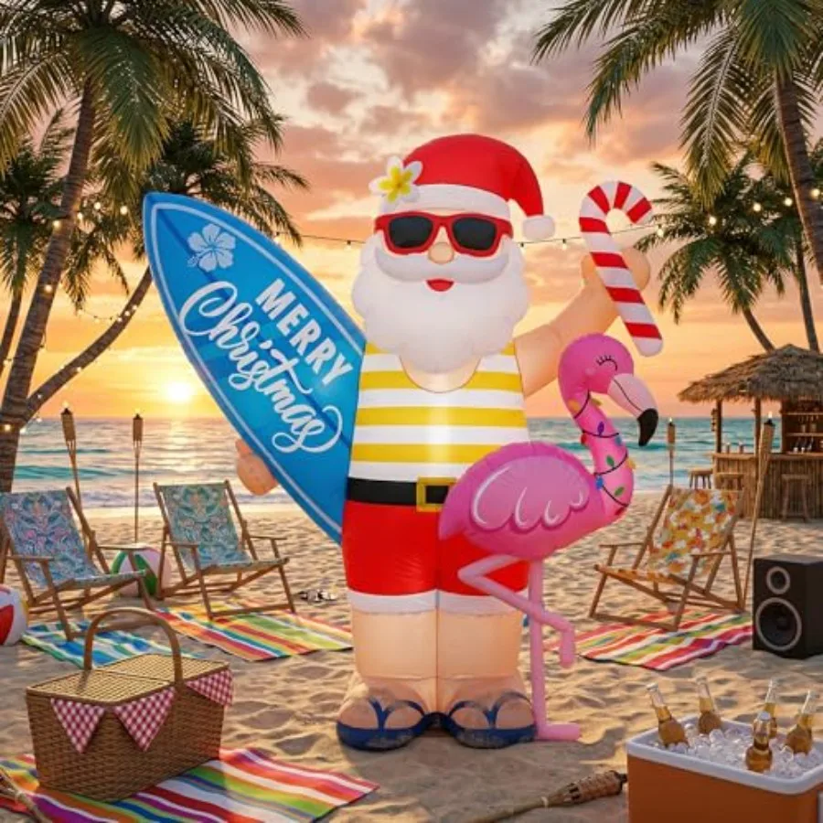 

Outdoor inflatable flamingo Santa decoration for Christmas in July, PVC material, pink and white, LED-lit, 5ft tall, beach and