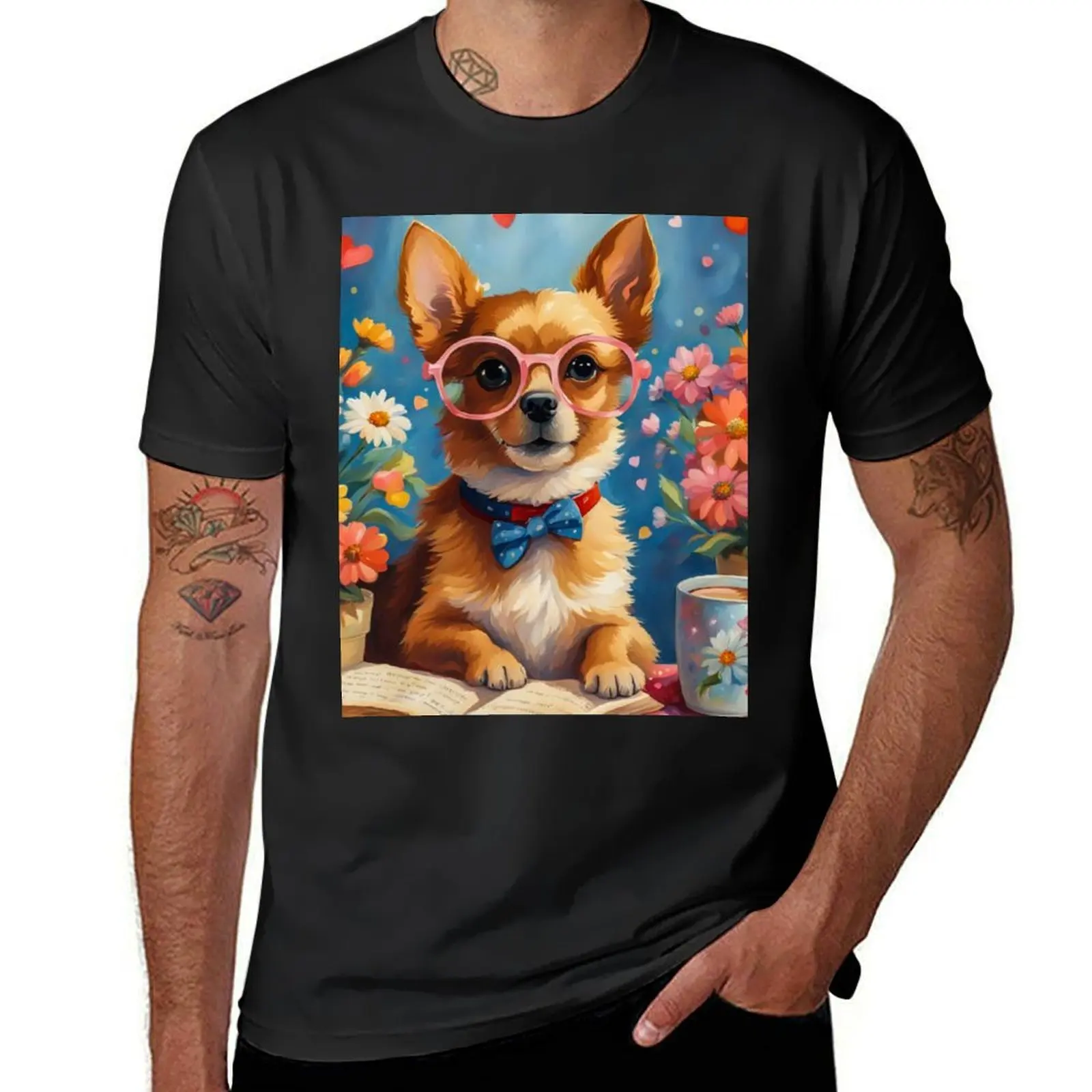 

A Cute Adorable Puppy Wearing Glasses Surrounded by Flowers T-Shirt sweat anime men clothes