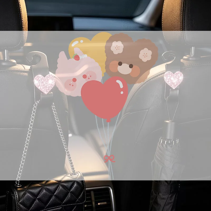 2Pcs Resin Heart‑Shaped Car Headrest Hooks, Sparkly Storage Hanger For Handbag, Purse, Hat, Cute Women Car Interior Decor