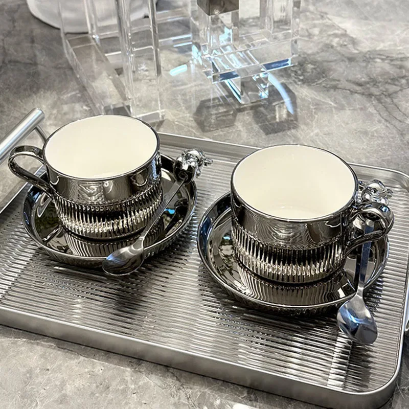 Ceramic Coffee Cup Set with Bear Spoon, Nordic Instagram Style, Good-looking, Electroplating, Vertical Pattern