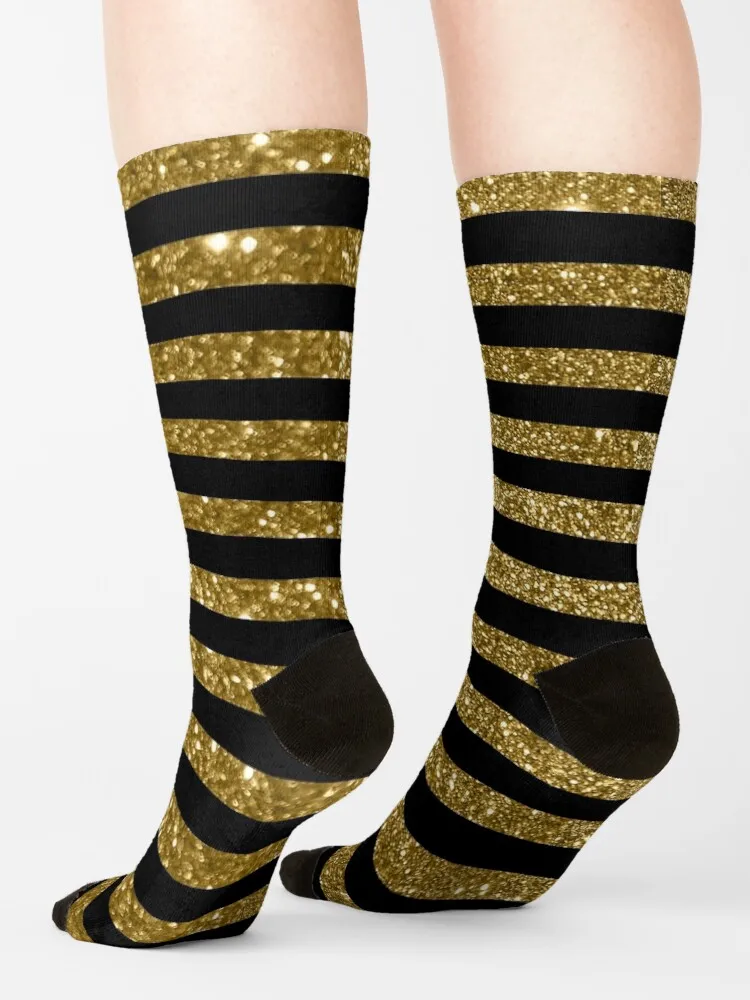 Black and Golden Glitter Vintage Stripes Socks Men'S Winter Socks