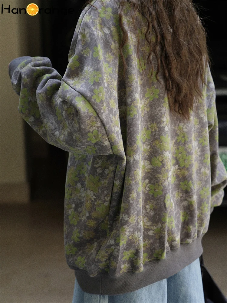 HanOrange 2025 Early Autumn Fashion Large Edition Shoulder Drop Floral Sweatshirt Women Delicate Smooth Top Apricot/Gray