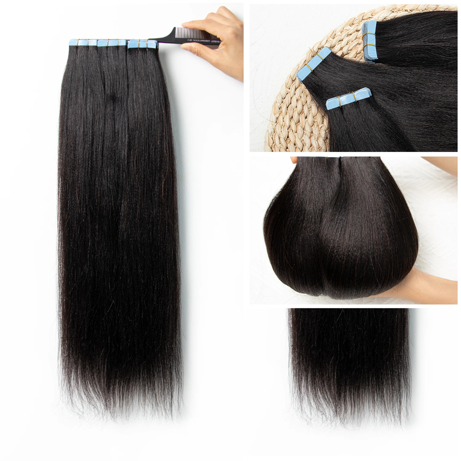 

Light Yaki Straight Tape In Hair Extensions Human Hair Remy Tape Ins 12-24” 20pcs/Pack Yaki Natural Black Hair Bundles