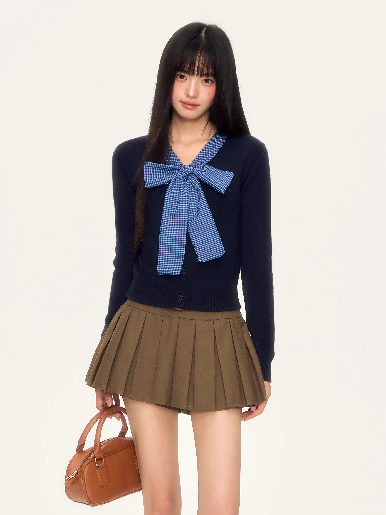 

Женский вязаный топ Wedhub Color Blo в клетку с бантом, приталенный, с длинным рукавом, осенний, в корейском стиле, для колледжа