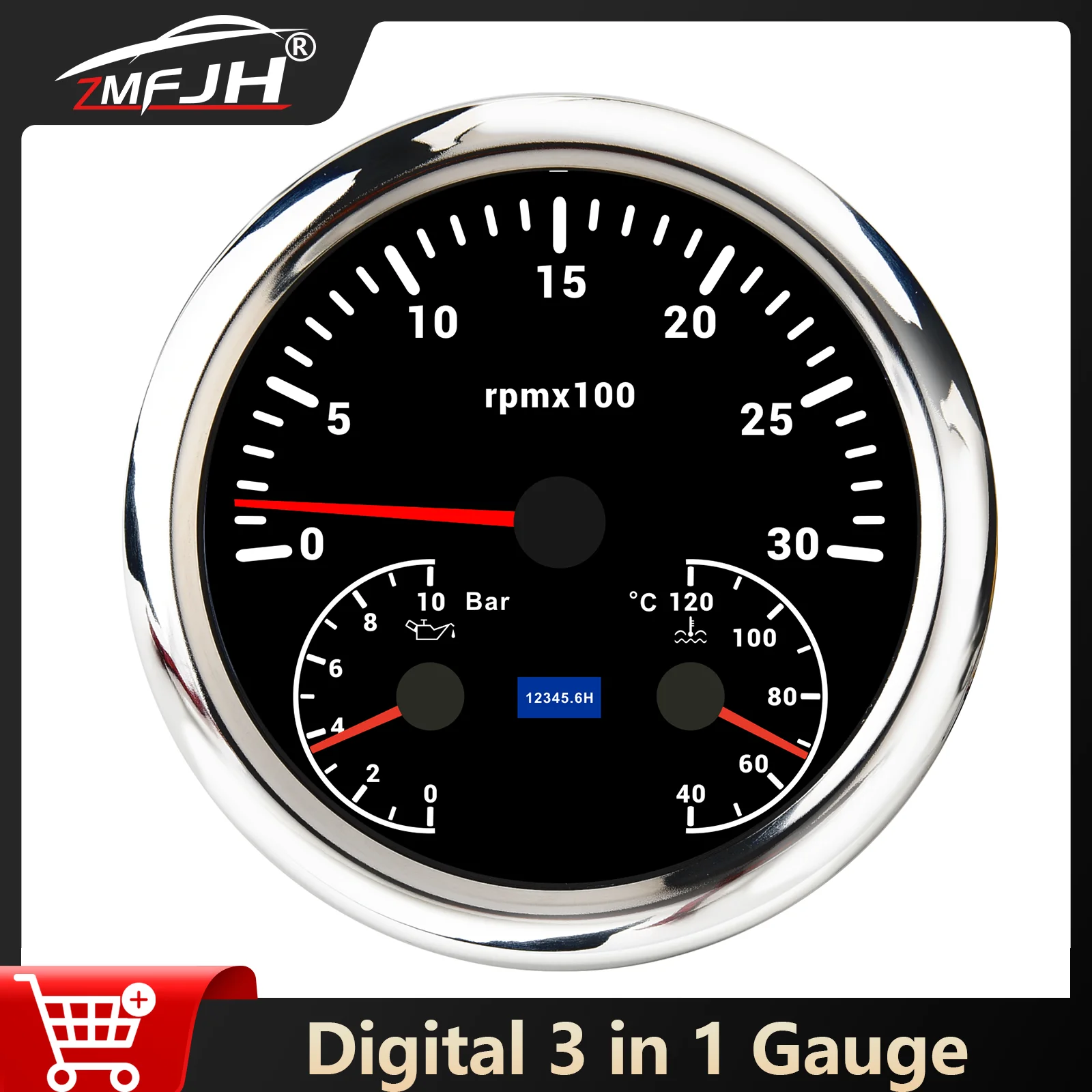 

110mm Digtial 3000/6000/8000 RPM Tachometer Oil Press Gauge Water Temp Meter 3 in 1 Indicator For Boat Car Truck 12V 24V