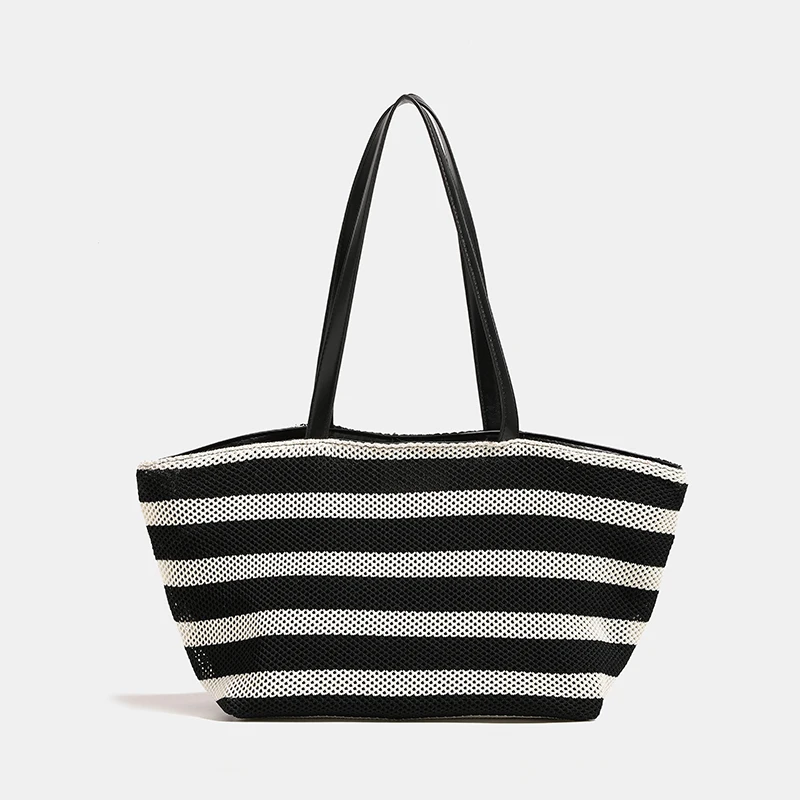 High-end Black And White Striped Tote Bag Exquisite And Versatile Woven Bag Large Capacity Lightweight Shopping Bag Travel Bag