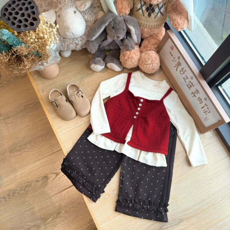 

Three-Piece Set Spring and Autumn New Style Girls Baby Versatile Casual Sweet Camisole Base Shirt Polka Dot Pants Set31188