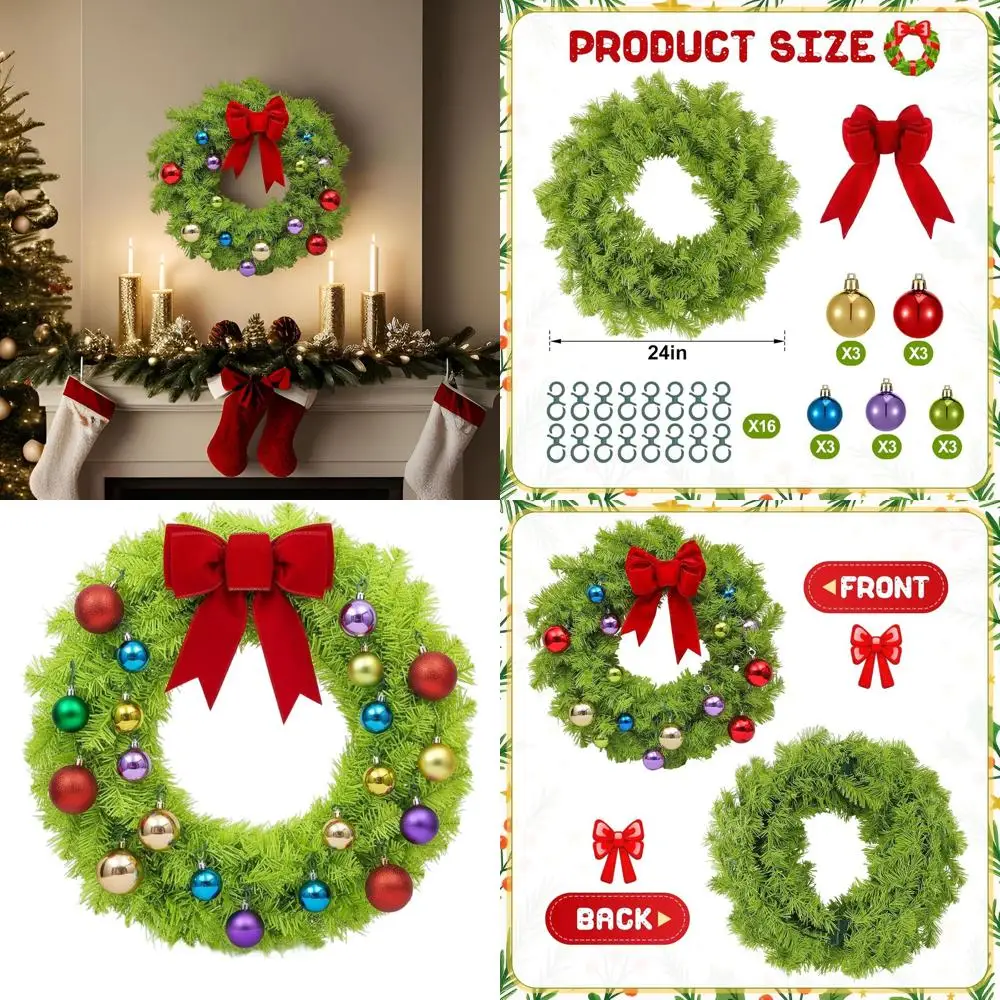 

Lime Green 24 Artificial Spruce Wreath with Red Bow & Colored Balls for Christmas & Winter Home Decor
