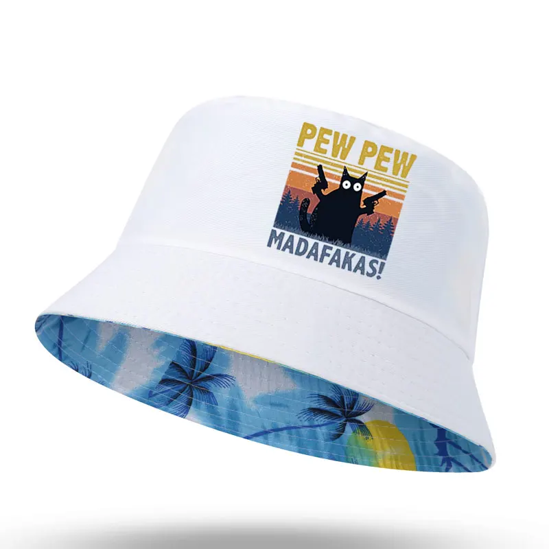 Pew Pew Madafakas Black Cat Print Men Women Bucket Hat Outdoor Sunscreen Beach Cap Fisherman Hat Sun Hiking Fishing Cap