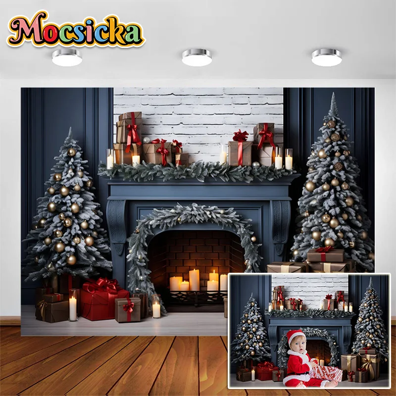 

Christmas Portraits Photography Backgrounds Blue Fireplace And White Brick Wall Backdrops Studio Prop Xmas Tree Gift Boxes Decor