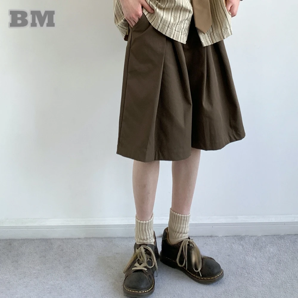 Japanese Vintage Casual Shorts Unisex Summer Oversized Preppy Korean Style Pleated Mid Length Cotton Loose Fit Pants Men Women