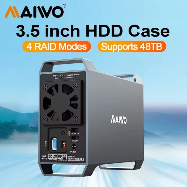 MAIWO Dual Bay 3,5-calowy dysk twardy HDD Pudełko na dysk twardy RAID Pudełko na dysk SATA na USB 3.0 Zewnętrzna skrzynka Cztery tryby RAID z wentylatorem