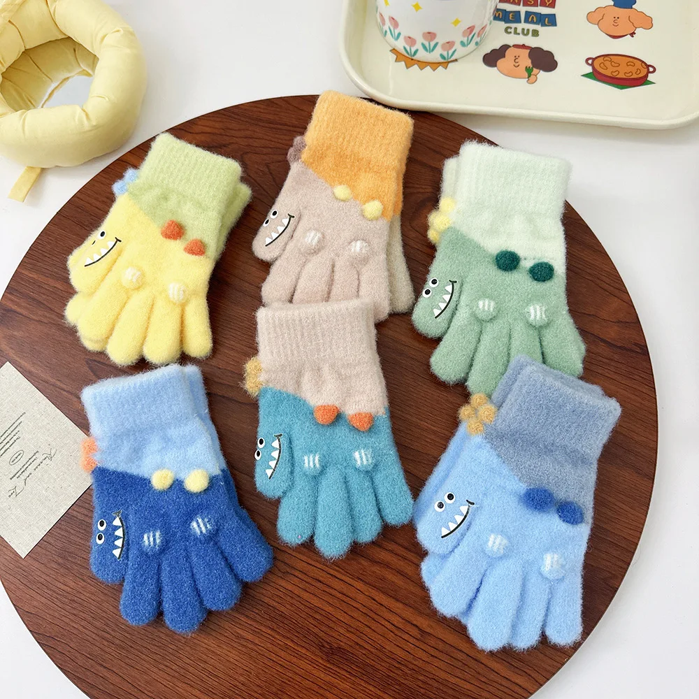 Cute Kids Gloves Cartoon Dinosaur Thicken Outdoor Walking Toddler Autumn Winter Plush Warm Children Knitted Gloves Holiday Gifts