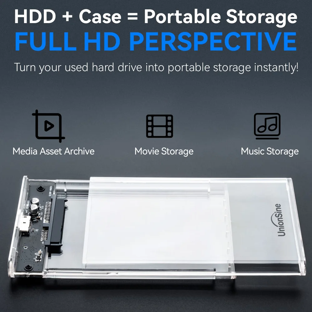 UnionSine Transparent 2.5 Inch SATA Hard Drive Enclosure USB 3.0 HDD SSD Case 6Gbps External Disk Box For 7‑9.5mm SATA HDD SSD