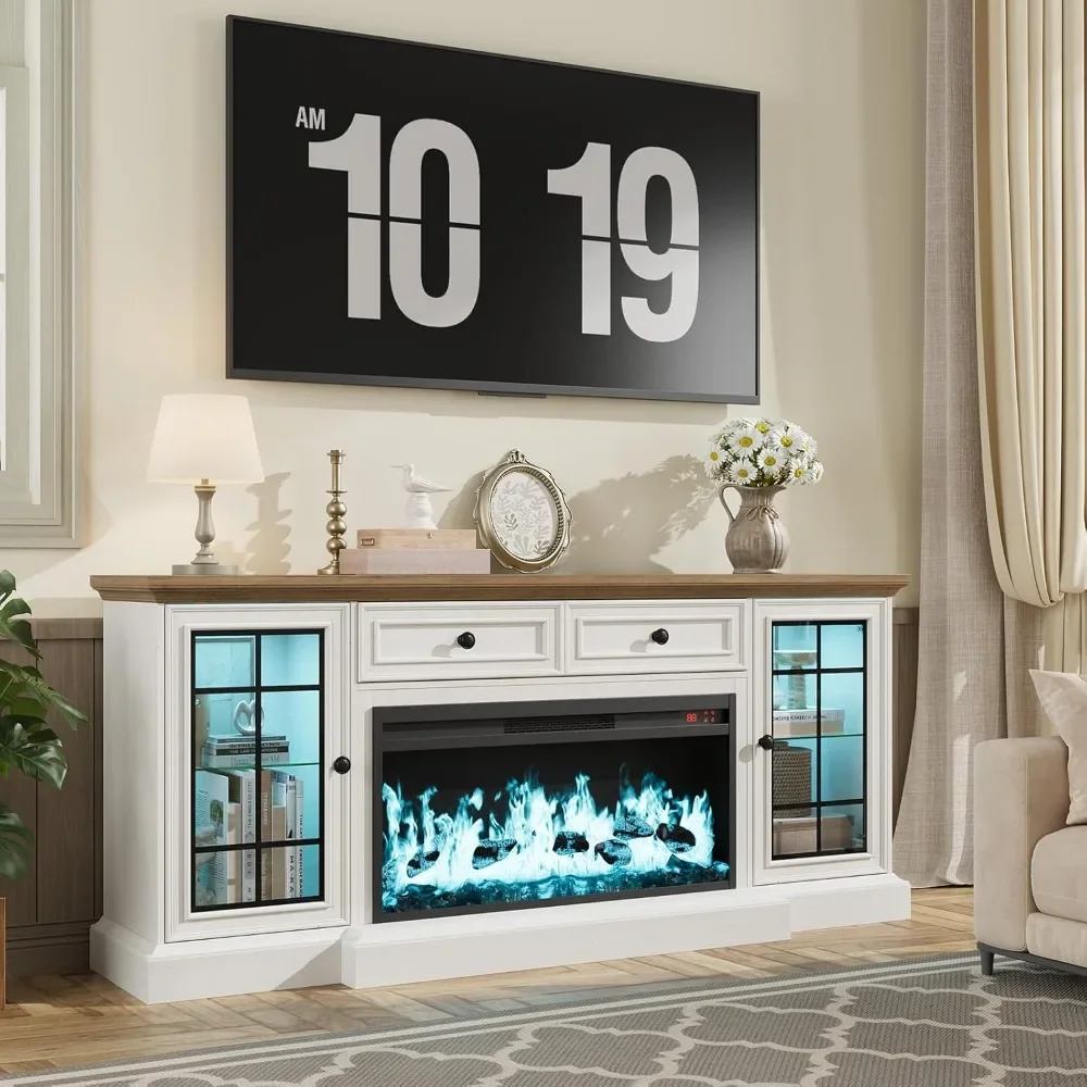 

70" Farmhouse Console Stand with Electric Fireplace And LED Lights for 80" TVs - 36 Inch TV Stand with Built-in Electric Firepla