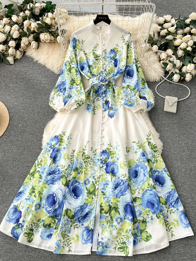 Sukienki damskie modna stójka Vintage długa sukienka z kwiatowym wzorem przyjęcie świąteczne elegancka sukienka Maxi z długim rękawem z paskiem