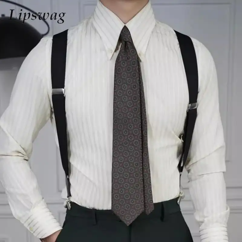 

Деловая мужская тонкая рубашка, винтажные рубашки с отложным воротником на пуговицах и длинными рукавами, мужские весенне-осенние новые повседневные рубашки в полоску с текстурой