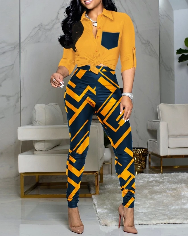 

Women Commuting Suits 2024 Summer Late Casual Collar Marble Print Colorblock Roll Up Sleeve Shirt&button Pocket Skinny Pants Set