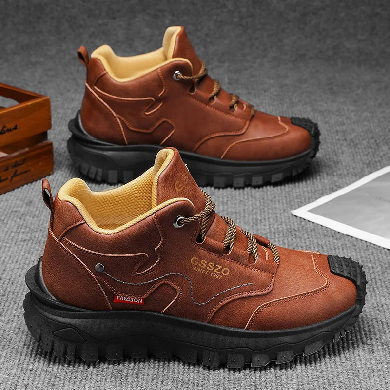 Mens High-Top Tooling Shoes Thick-Soled Non-Slip Wear-Resistant Casual Shoes Fashion Versatile Outdoor Mountaineering Boots Men